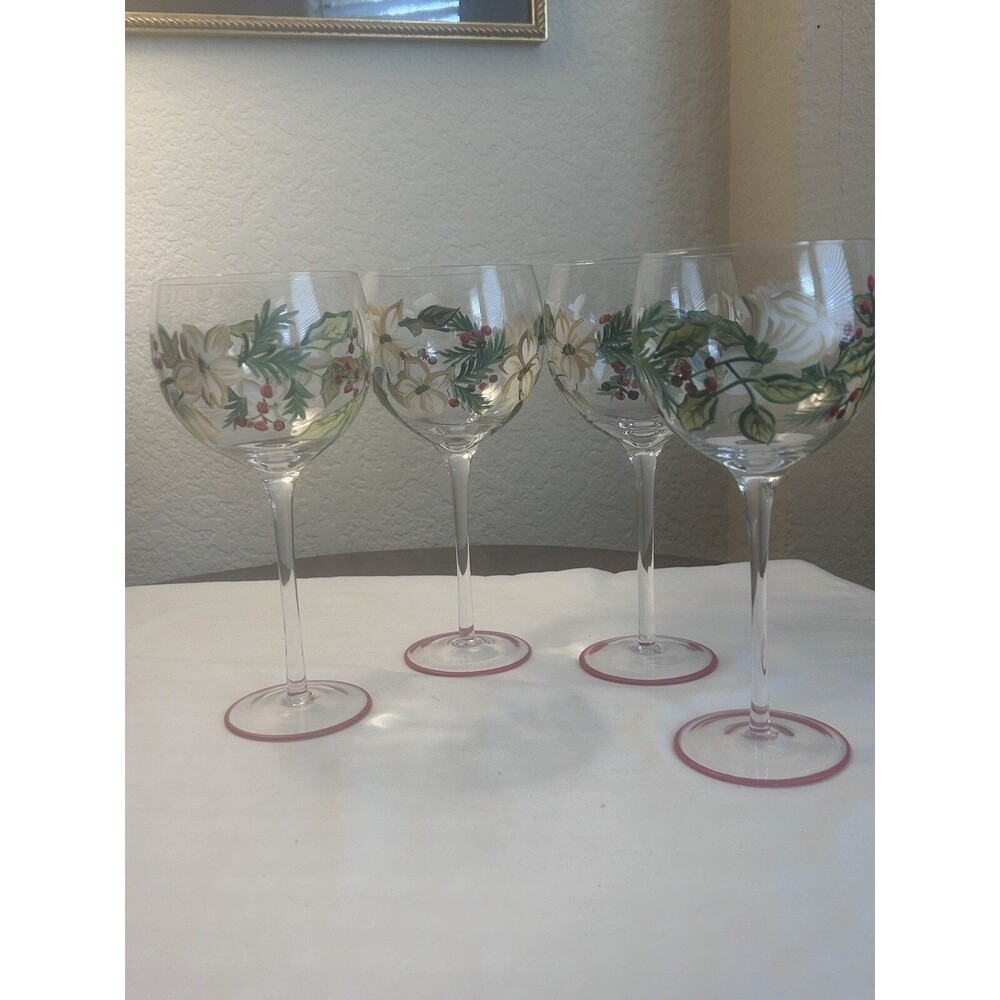 SET OF (4) BLOCK BASICS SPLENDOR HAND PAINTED WINE GLASSES GOBLETS CHRISTMAS